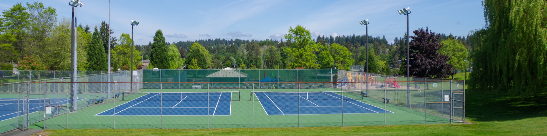 Two tennis courts side by side with large lighting posts surrounded by a fenced area and grass and trees.