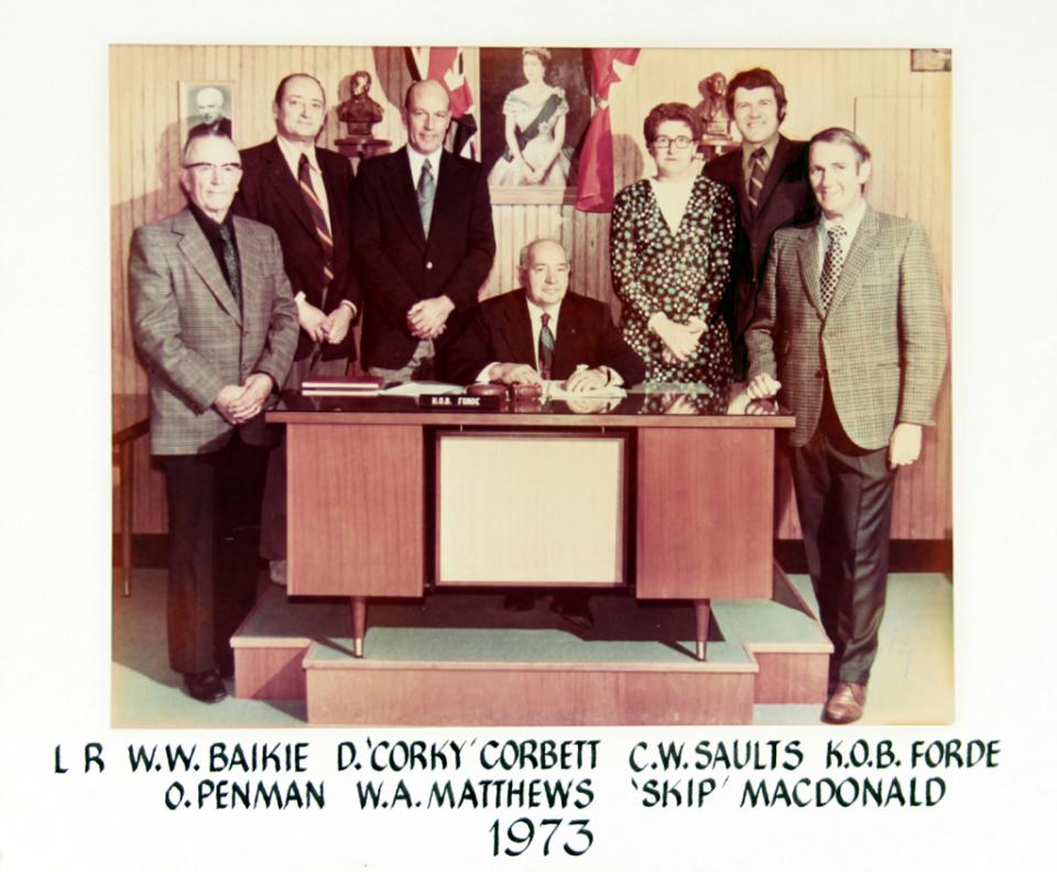 Group of people posing in an office, one seated at a desk, others standing behind. 1973.