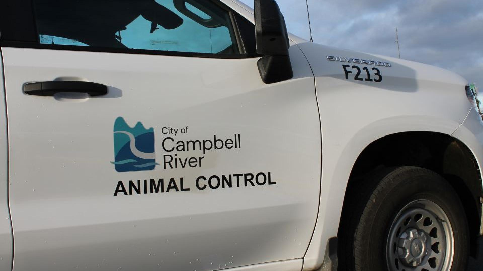 passenger side door of an animal control truck with the City of Campbell River logo.
