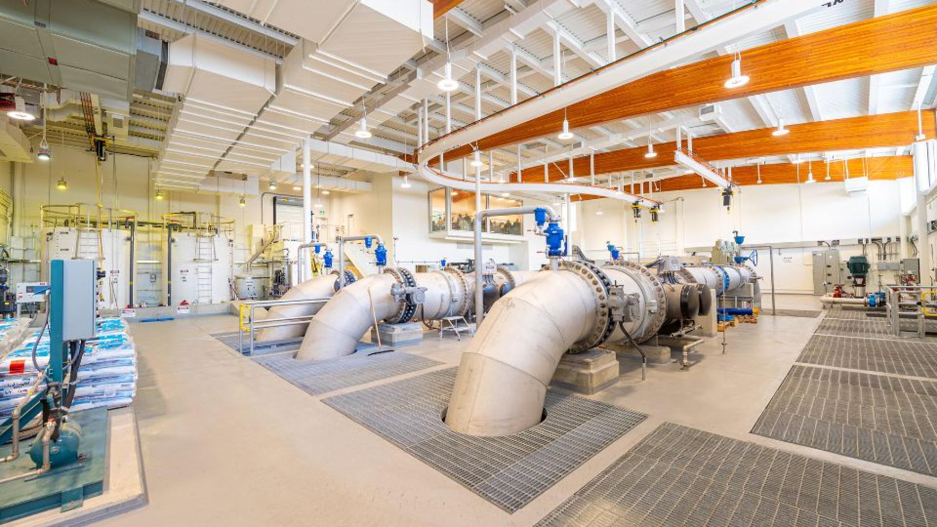 large water pipes inside the Campbell River water treatment facility.