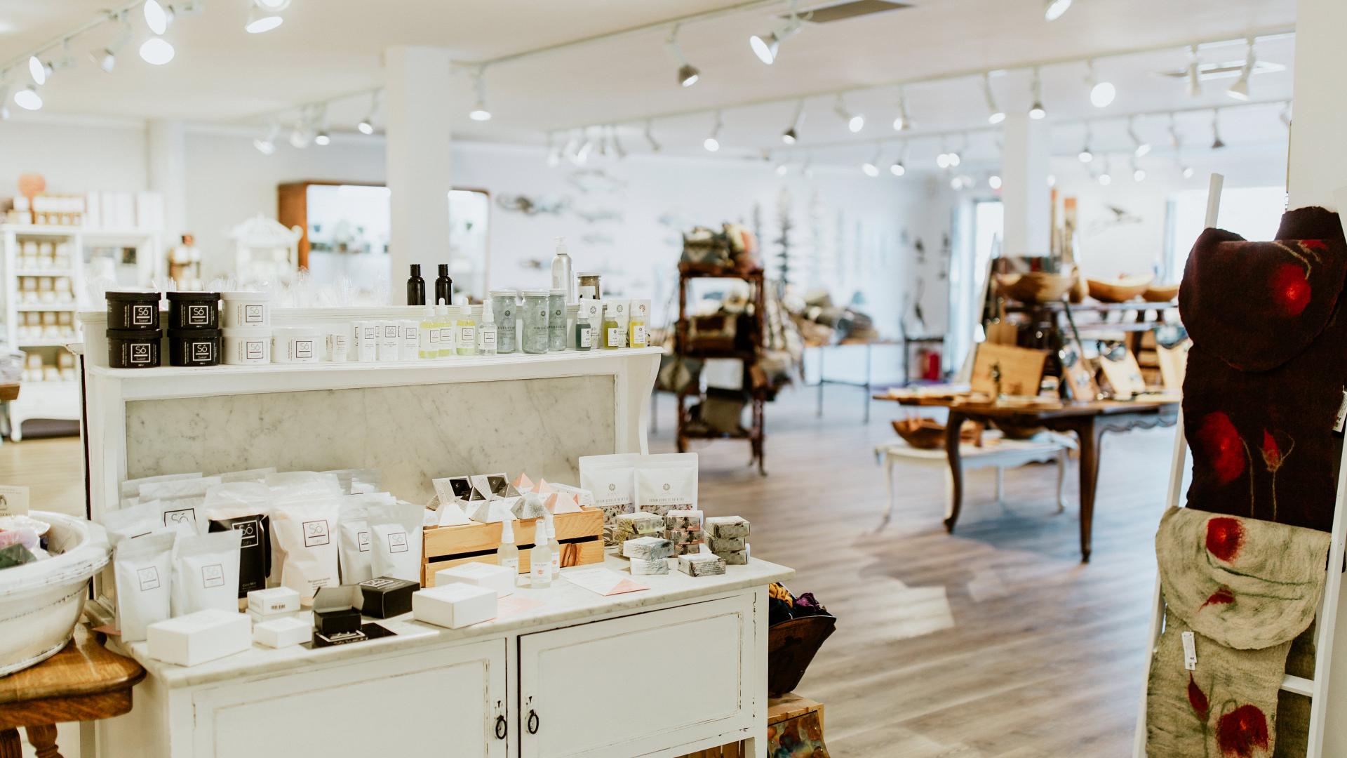 The inside of a shop called Mussels and More with displays of merchandise.