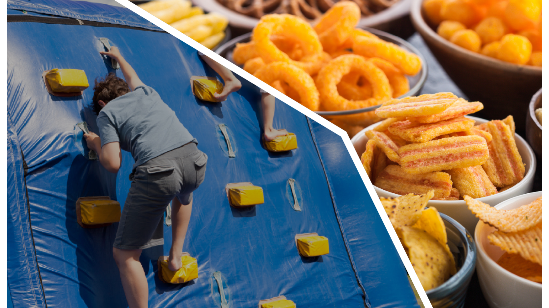 A youth climbs a climbing wall while another image beside it shows snacks in bowls.