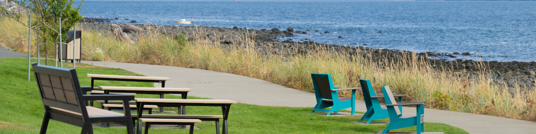 Park bench, picnic table and adirondack chairs along path facing the ocean.