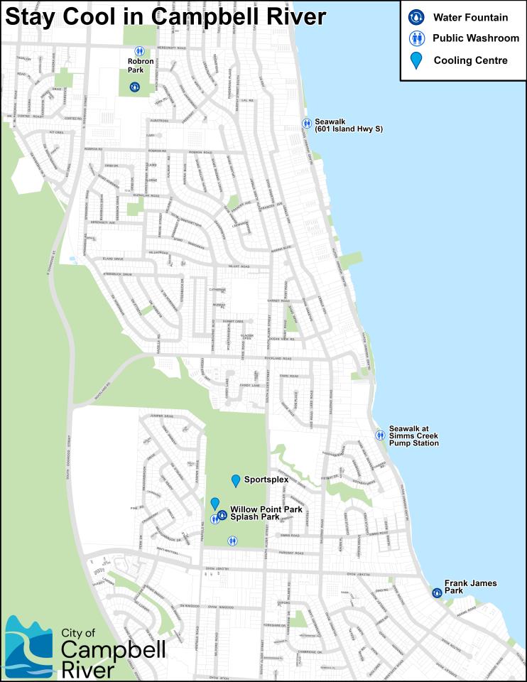 Map of cooling locations in Campbell River with pins for Robron Park, Seawalk, Sportsplex, Willow Point Park and Splash Park, Frank James Park. The City of Campbell River logo is included.