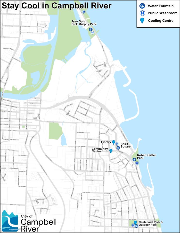 Map of colling locations in Campbell River, with pins for Tyee Spit/Dick Murphy Park, the library, the Community Centre, Spirit Square, Robert Ostler Park, Centennial Park and Outdoor Pool. The City of Campbell River logo is included.